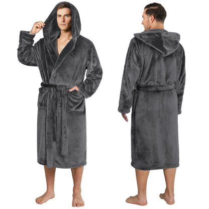 PAVILIA Men's Hooded Fleece Bathrobe Lightweight Long Robe for Men Shower