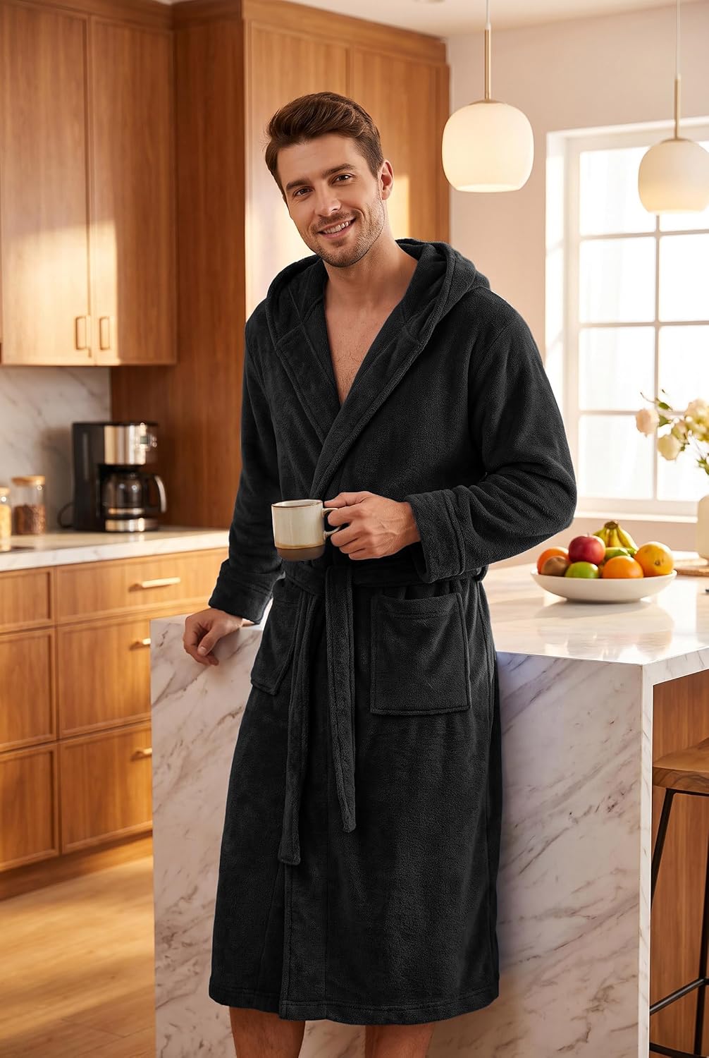 PrinStory Mens Hooded Robe Plush Fleece Robes Soft Long Bathrobe