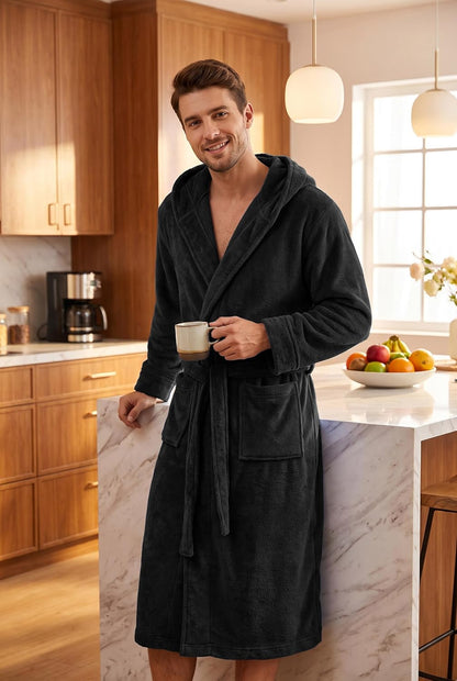 PrinStory Mens Hooded Robe Plush Fleece Robes Soft Long Bathrobe