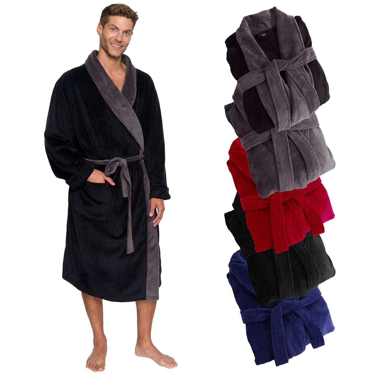 Ross Michaels Mens Robe Shawl Collar Wrap Style - Mid Length Plush Fleece Bathrobe