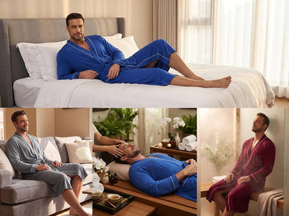 PrinStory Mens Lightweight Robe Soft Knit Kimono Long Bathrobe Loungewear