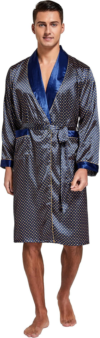 Mens Satin Robe Long Sleeve Silk Kimono Bathrobe with Shorts Set Sleepwear