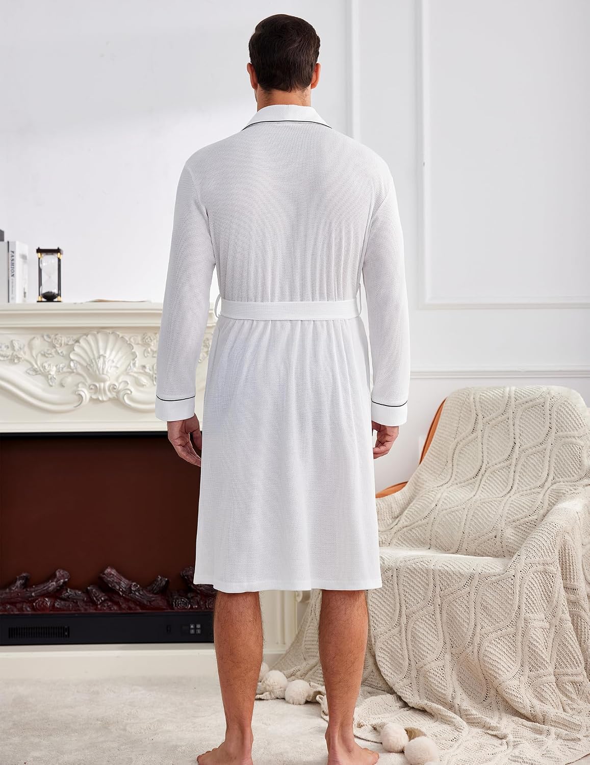 Ekouaer Mens Robes Lightweight Waffle Knit Kimono Bathrobe Long Sleeve Sleepwear Soft Knee Length Robe with Pockets