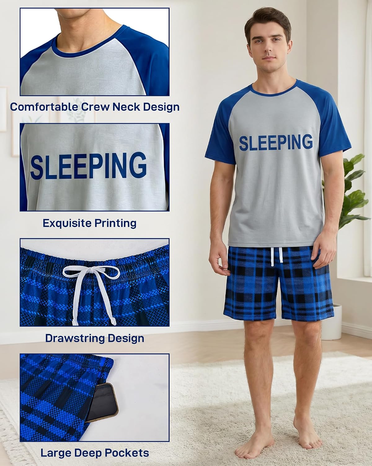 Mens Pajamas Set Soft Short Sleeve Pjs Plaid Pajamas 2 Piece Sleepwear Mens Loungewear Sets Summer with Pockets