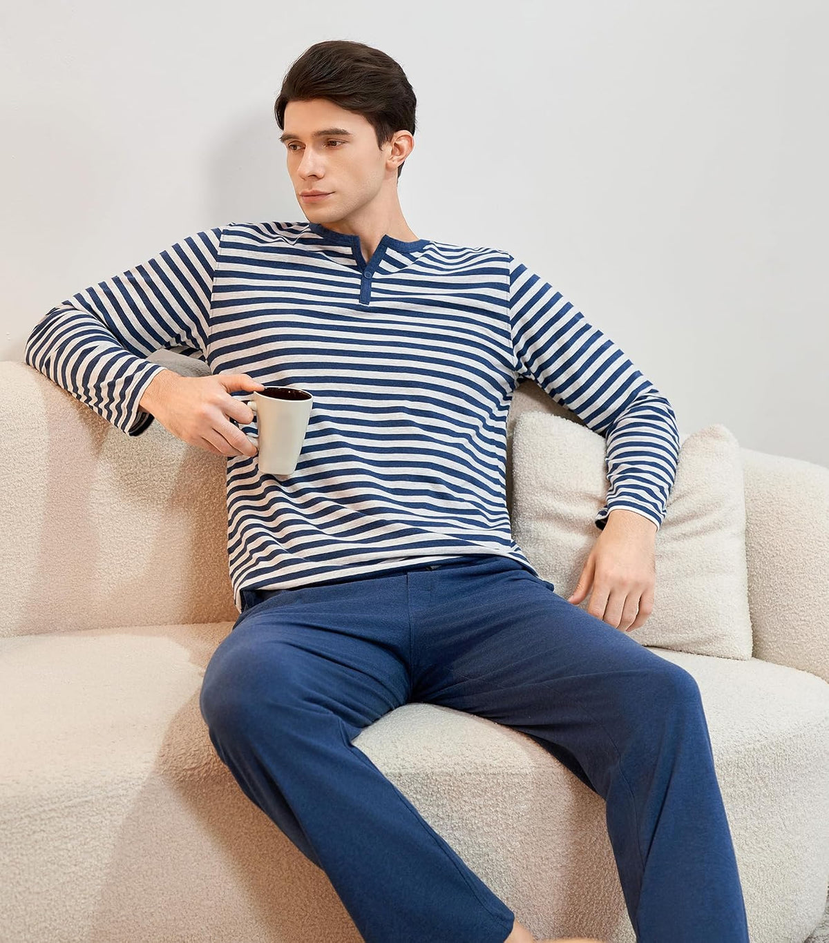 DAVID ARCHY Men's Pajamas Set 100% Combed Cotton Henley Loungewear Relaxed Fit Sleepwear with Pockets