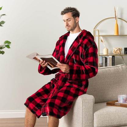 PAVILIA Mens Fleece Robe, Hooded Bathrobe with Shawl Collar, Pockets & Belt
