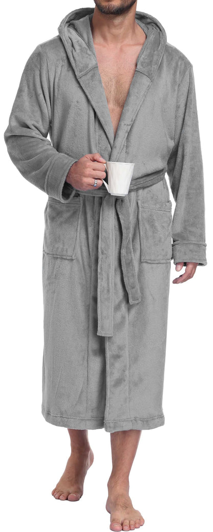 PrinStory Mens Hooded Robe Plush Fleece Robes Soft Long Bathrobe