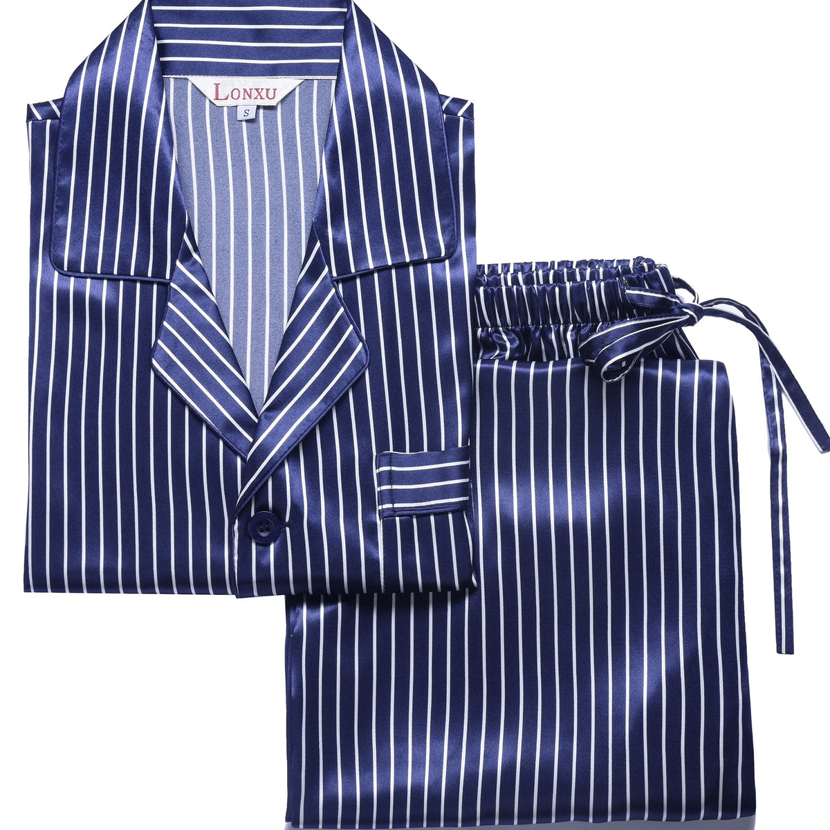 Lonxu Pajamas Set Mens Silk Satin Pajamas Long Sleeve Loungewear Two-Piece Sleepwear Button-Down Pj Set S-XXXXL