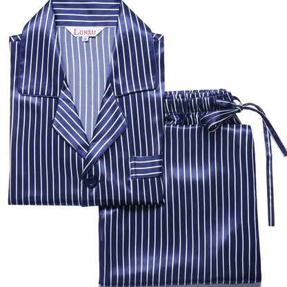 Lonxu Pajamas Set Mens Silk Satin Pajamas Long Sleeve Loungewear Two-Piece Sleepwear Button-Down Pj Set S-XXXXL