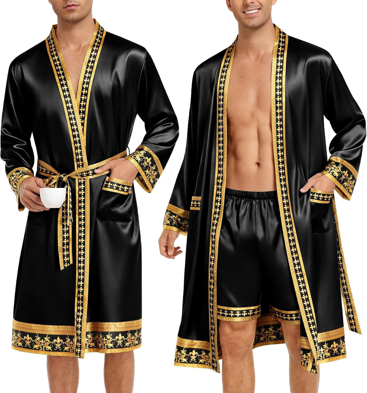 SWOMOG Men's Satin Robe with Shorts Set Silky Kimono Bathrobe Opulent Baroque Robes Lightweight Luxury Sleepwear