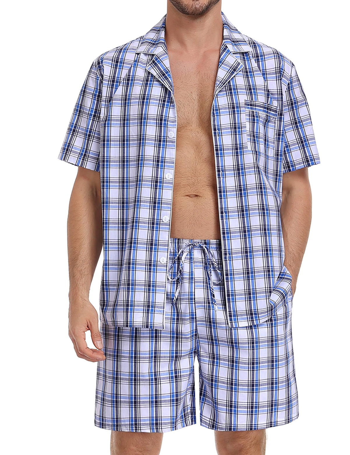 SWOMOG Mens 100% Cotton Pajama Set 2Pcs Button Down Pjs Set Short Sleeve Sleepwear with Pocket Soft Summer Stripe Nightwear