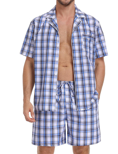 SWOMOG Mens 100% Cotton Pajama Set 2Pcs Button Down Pjs Set Short Sleeve Sleepwear with Pocket Soft Summer Stripe Nightwear