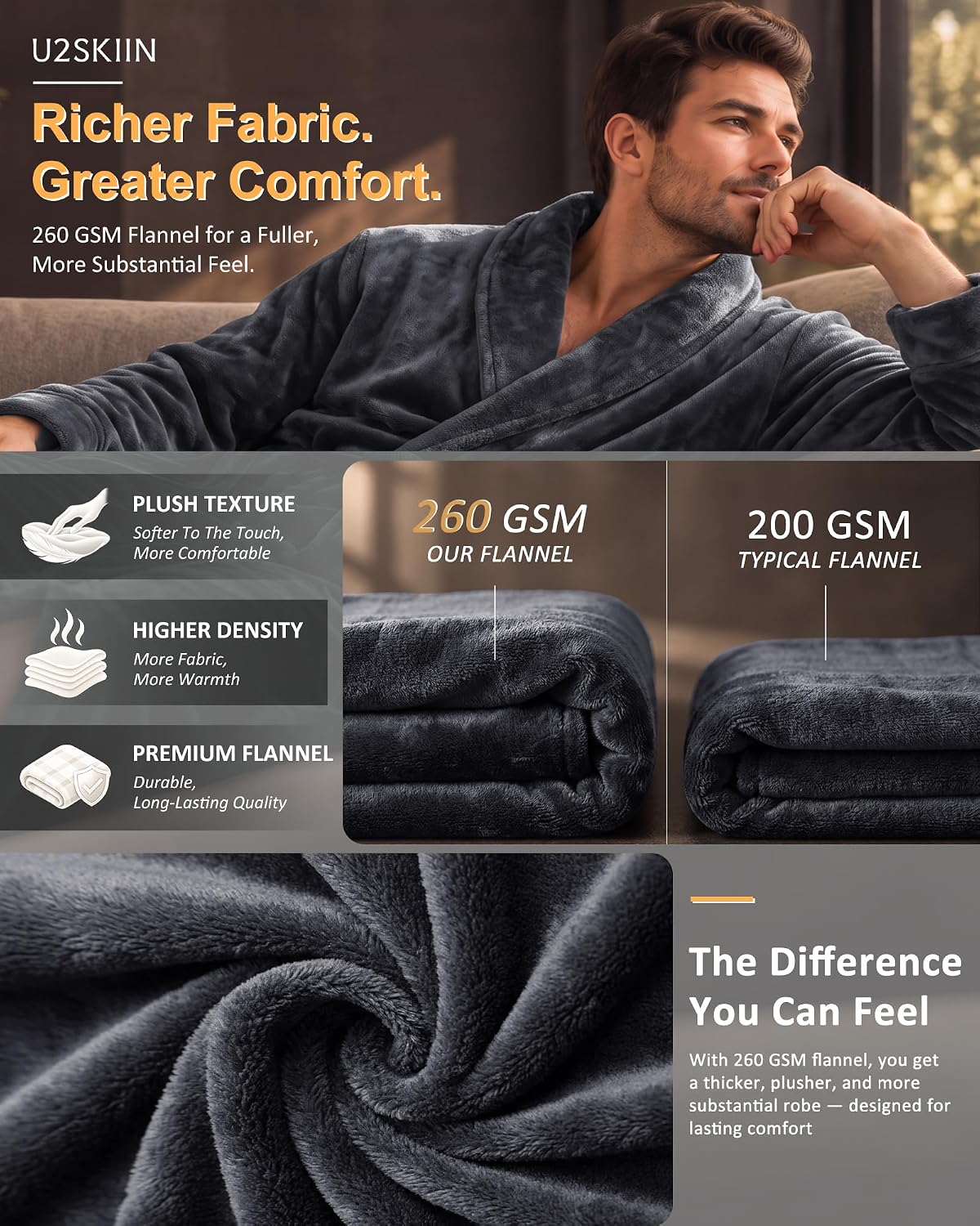U2SKIIN Mens Robe Plush Flannel Bathrobe for Men Shawl Collar
