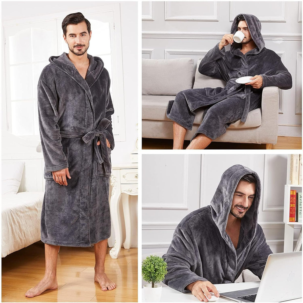 FashGudim Mens Hooded Robe Plush Shawl Collar Kimono Bathrobe Soft Warm Flannel Fleece Spa Robes House Coat Pajamas
