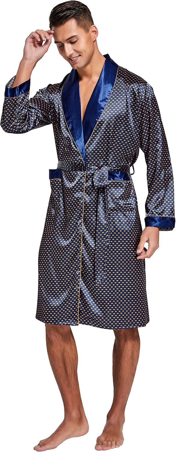 Mens Satin Robe Long Sleeve Silk Kimono Bathrobe with Shorts Set Sleepwear