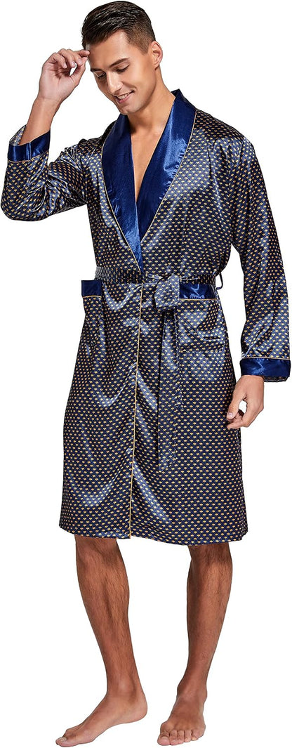 Mens Satin Robe Long Sleeve Silk Kimono Bathrobe with Shorts Set Sleepwear