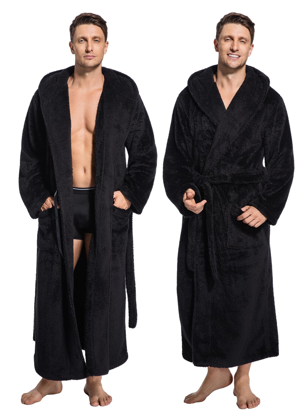 ToastyLife Mens Soft Plush Fleece Long Robe, Hooded Bathrobe with Pockets