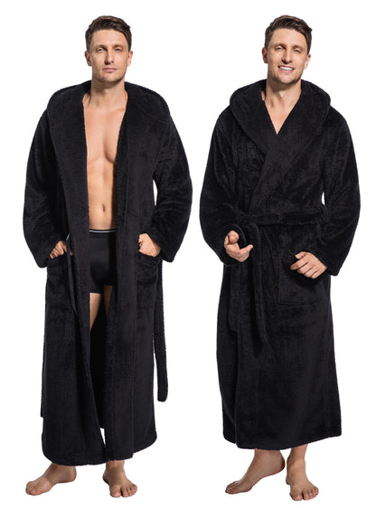 ToastyLife Mens Soft Plush Fleece Long Robe, Hooded Bathrobe with Pockets