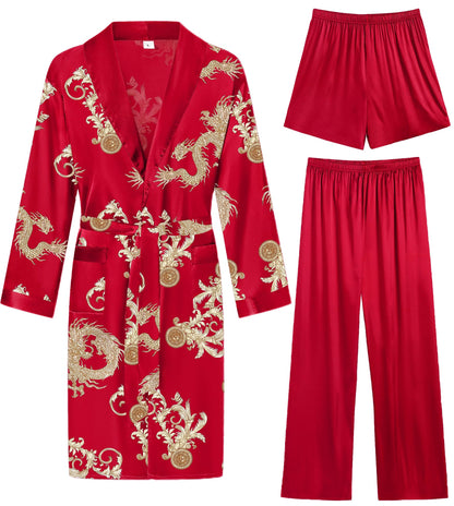 SWOMOG Men's 3 Pcs Robe Silk Satin Kimono Bathrobe with Shorts&Pants Set Lightweight Soft Sleepwear