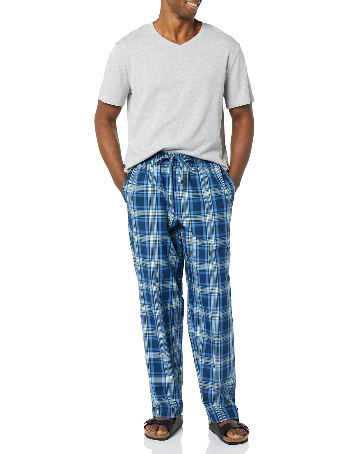 Amazon Essentials Men's Cotton Stretch Poplin Pant with Cotton Jersey T-Shirt Pajama Set