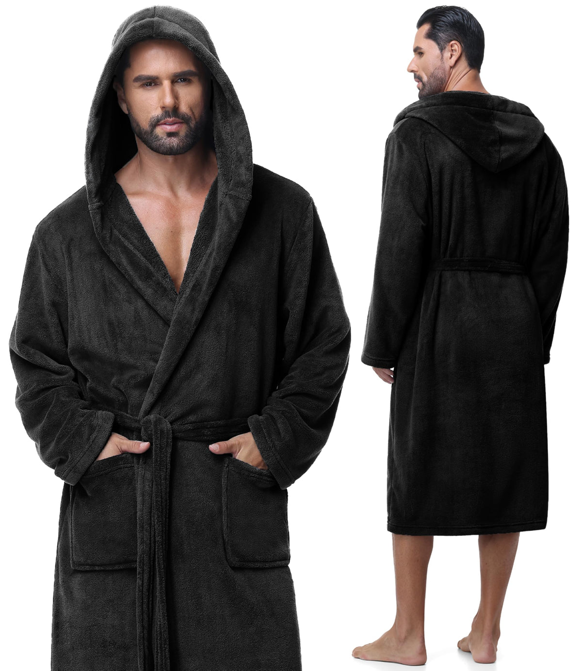 Absorbent Fleece Mens Robe with Hood Warm Cozy Ultra Soft Bathrobe Luxury Quick Dry Spa Towel Robe for Men