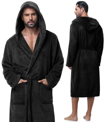 Absorbent Fleece Mens Robe with Hood Warm Cozy Ultra Soft Bathrobe Luxury Quick Dry Spa Towel Robe for Men
