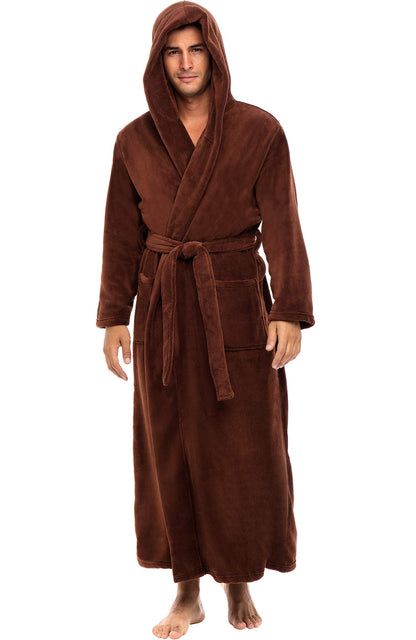 Men's Plush Fleece Hooded Robe with Pockets, Long Bathrobe