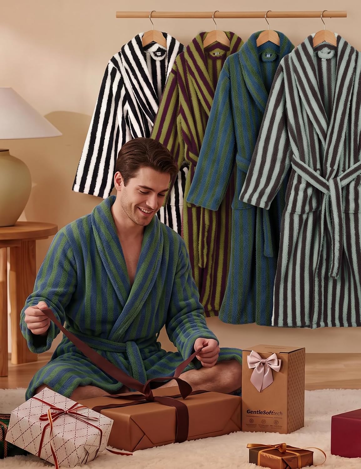 Gihuo Mens Striped Robe Long Fluffy Plush Bathrobe