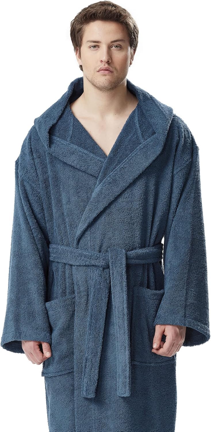 Arus Men's Hooded Classic Bathrobe Turkish Cotton Robe with Full Length Options