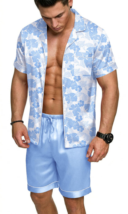 Ekouaer Mens Silk Satin Pajamas Set Short Sleeve Button Up Lounge Pjs Set