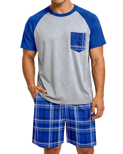Mens Pajamas Set Summer Pjs Short Sleeve Sleep Set Soft Sleepwear 2 Piece Plaid Loungewear with Pockets M-2XL