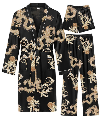 SWOMOG Mens 3 PCS Satin Robe with Pants & Shorts Set Kimono Bathrobe Long Sleeve Sleepwear Pjs Sets with Pockets