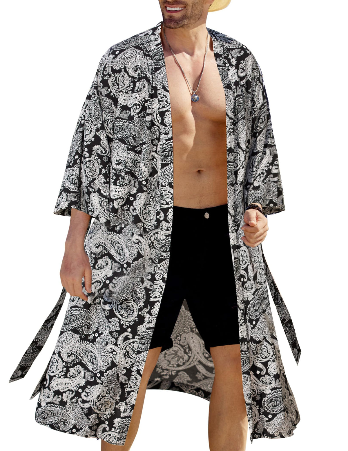 COOFANDY Men's Lightweight Kimono Robe Japanese Bathrobes Open Front Long Cardigan Cloak with Belt