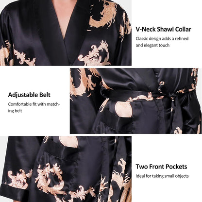 Haseil Men's Satin Robe Dragon Luxurious Silk Spa Long Sleeve House Kimono Bathrobe