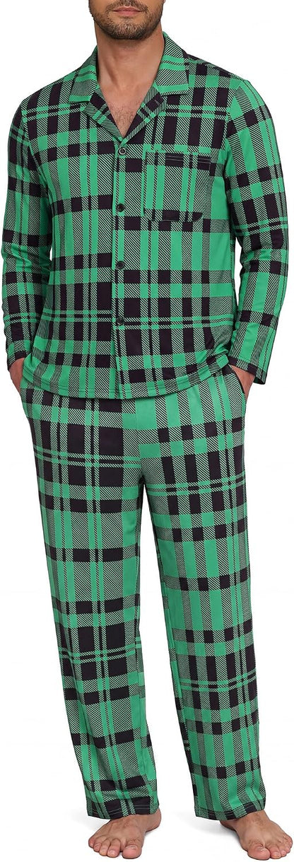 NITAGUT Mens Plaid Pajama Set Long Sleeve Button Down Casual Sleepwear