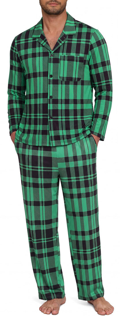 NITAGUT Mens Plaid Pajama Set Long Sleeve Button Down Casual Sleepwear