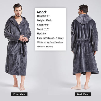 FashGudim Mens Hooded Robe Plush Shawl Collar Kimono Bathrobe Soft Warm Flannel Fleece Spa Robes House Coat Pajamas