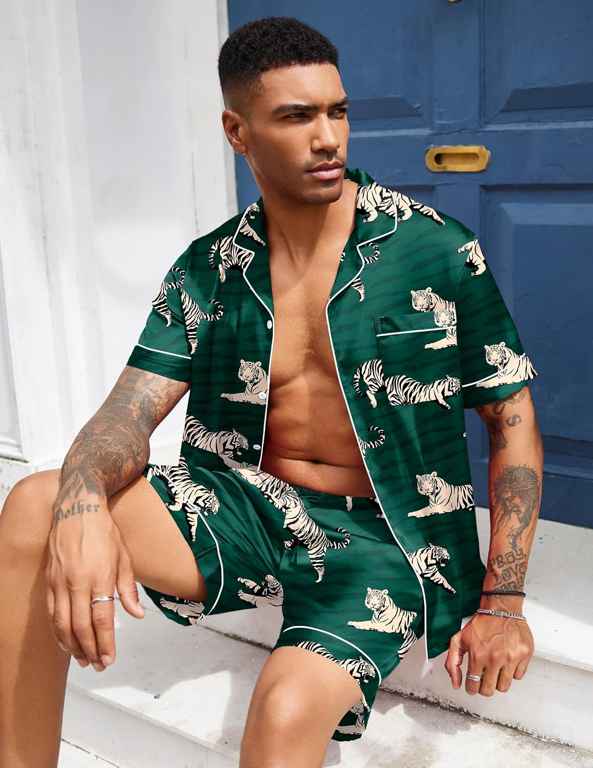 Ekouaer Mens Silk Satin Pajamas Set Short Sleeve Button Up Lounge Pjs Set