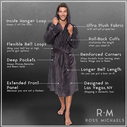Ross Michaels Mens Robe Hooded Wrap Style - Mid Length Plush Fleece Bathrobe