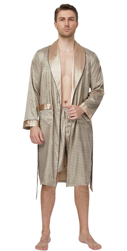 Mens Satin Robe Long Sleeve Silk Kimono Bathrobe with Shorts Set Sleepwear