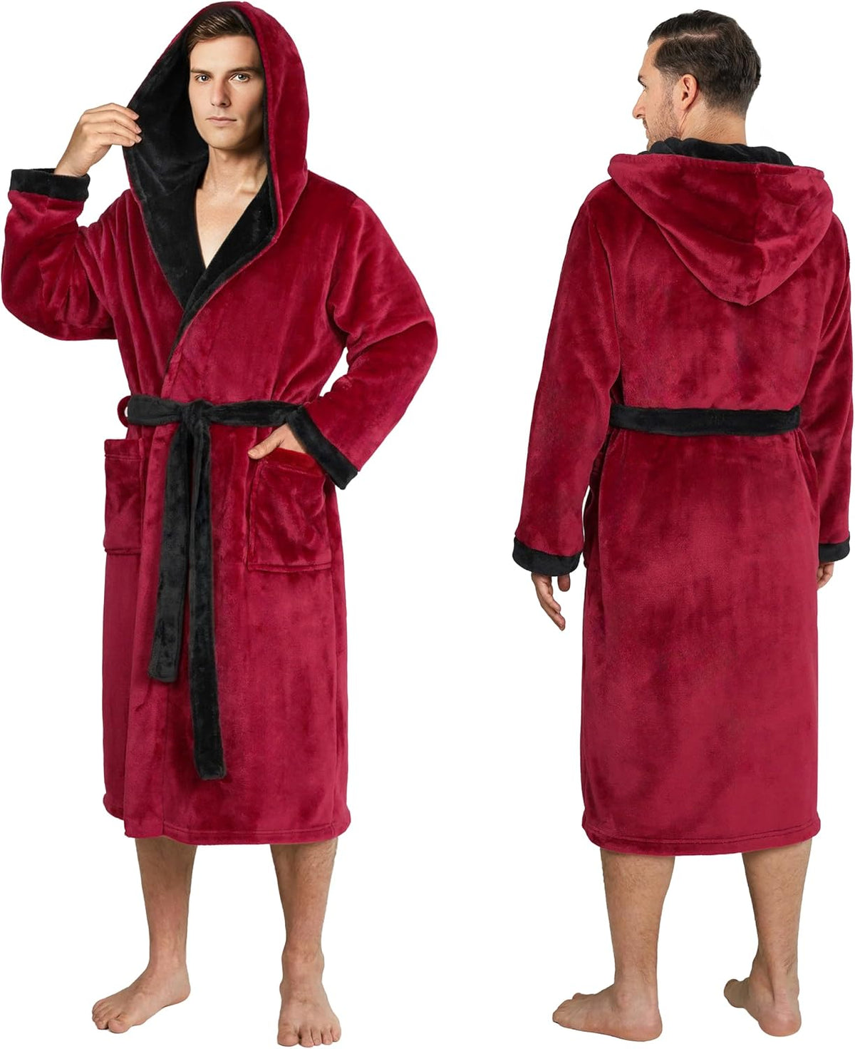 PAVILIA Men's Hooded Fleece Bathrobe Lightweight Long Robe for Men Shower