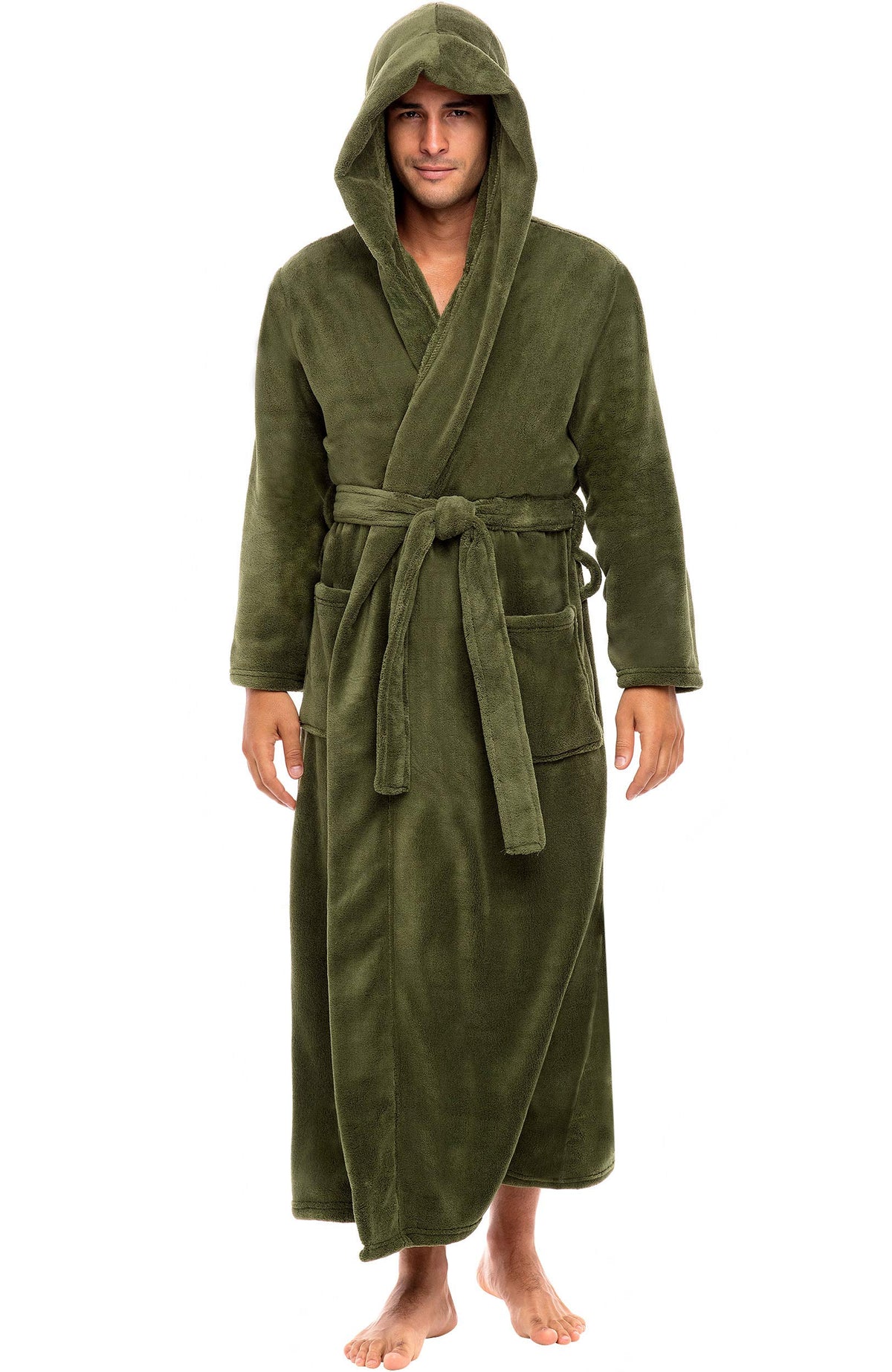 Men's Plush Fleece Hooded Robe with Pockets, Long Bathrobe