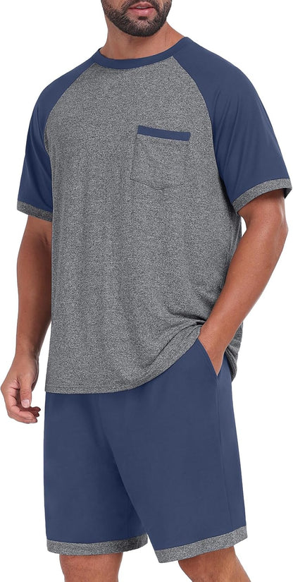 Mens Pajamas Set Shirt and Shorts Lightweight Summer Sleepwear