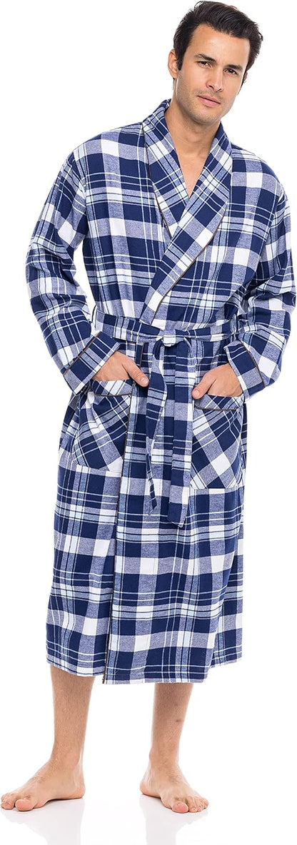 AMERICAN HEAVEN Men's Flannel Fleece Robe | Soft Cotton Shawl Collar Full Length Plaid Robe