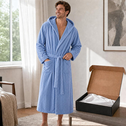 Mens Hooded Plush Robe, Ultra Soft Bathrobe for Men, Warm Cozy Fleece Robe with Pockets