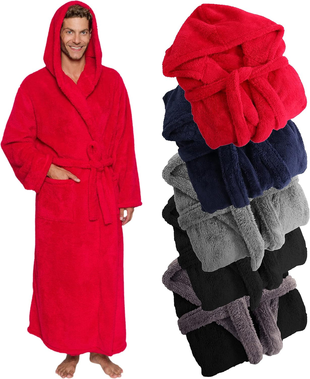 Ross Michaels Mens Luxury Robe Hooded Big and Tall - Long Plush Fleece Bath Robe with Hood and Pockets- Gift Men and Teens