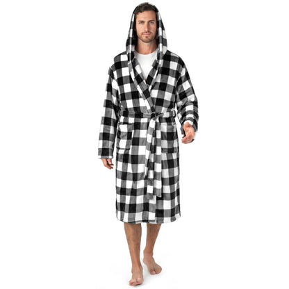 PAVILIA Mens Fleece Robe, Hooded Bathrobe with Shawl Collar, Pockets & Belt