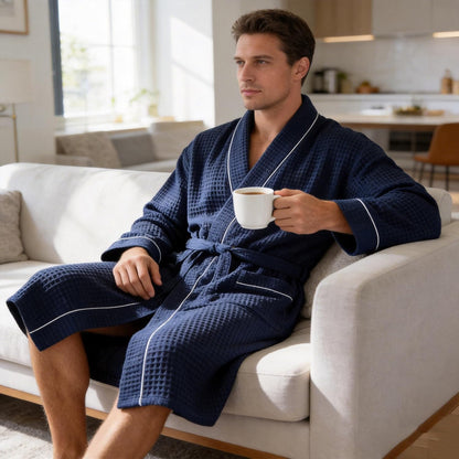 Inner Wish men's Cotton Waffle Kimono Robe, Lightweight Soft Spa Shower Bathrobe, Hotel Lounge Robes for Men