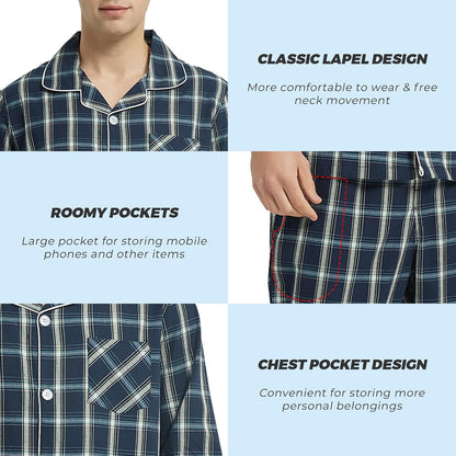 Vulcanodon Mens Cotton Pajama Set, Plaid Button Down Woven Sleepwear