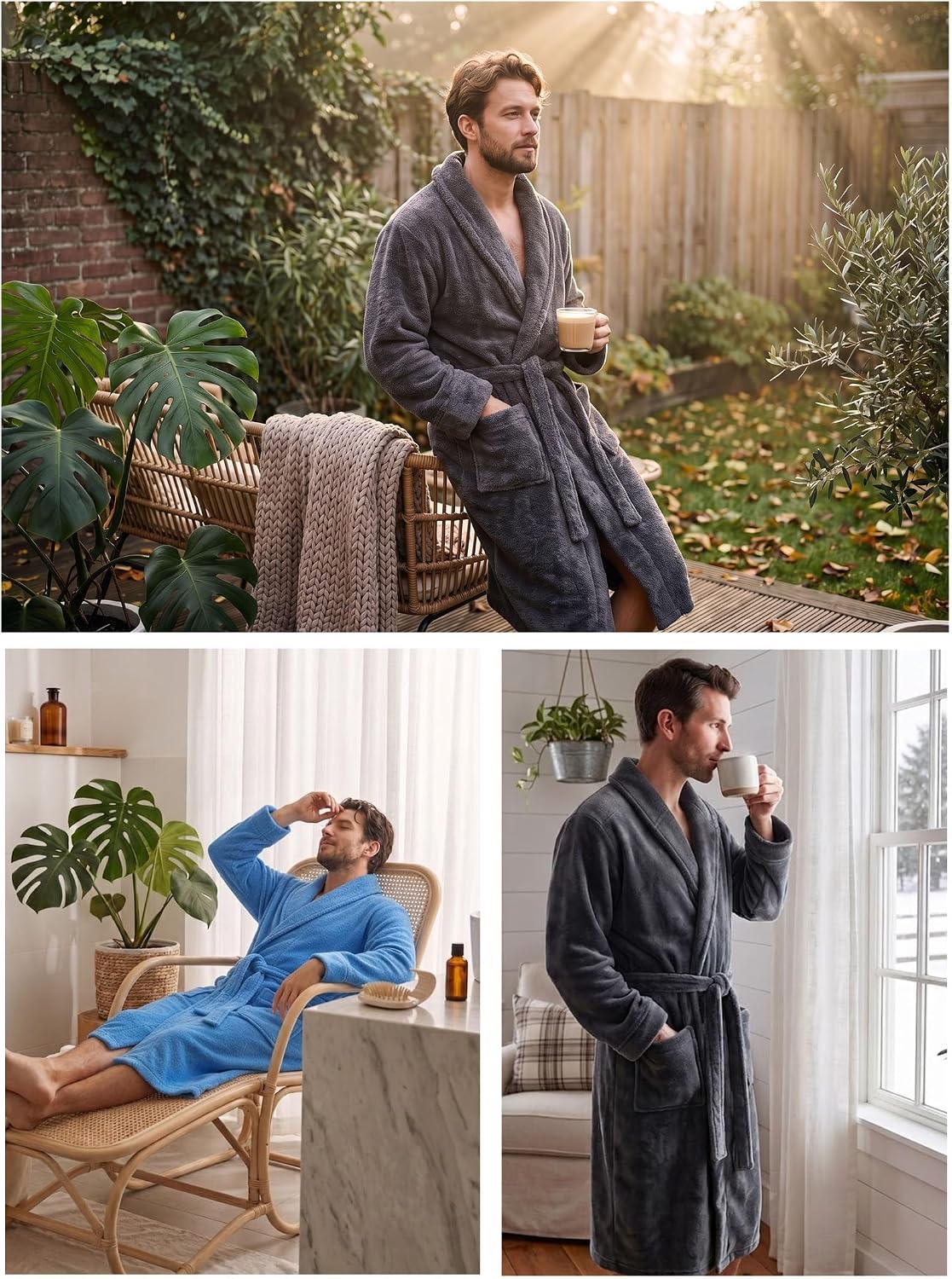 PrinStory Mens Robe Plush Fleece Soft Warm Long Fluffy Bathrobe